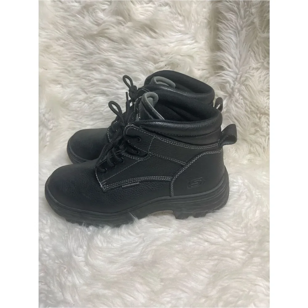 Skechers Men’s steel toe work leather Black Lace-Up Work Boots SZ 12